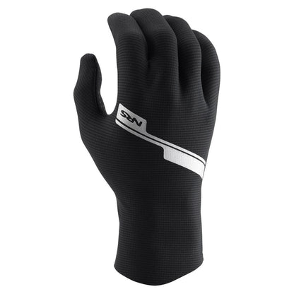 The NRS Hydroskin 0.5mm Gloves for men are black with a white diagonal stripe and logo in an upright position. Featuring a neoprene core, they provide durability and flexibility for any adventure.