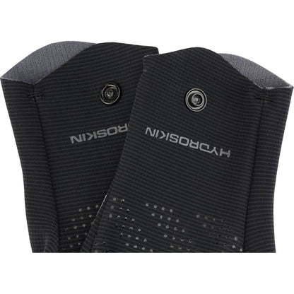 Close-up of two black Hydroskin 0.5mm Gloves by NRS, showing the word "HYDROSKIN" in white, snap buttons, a neoprene core, and textured grips.