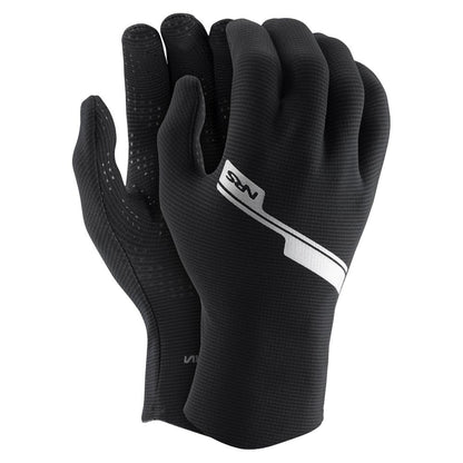 The NRS Hydroskin 0.5mm Gloves for Men are equipped with a neoprene core and ThermalPlush lining. They come in sleek black, offering a textured grip and a stylish white diagonal stripe on top for added flair.