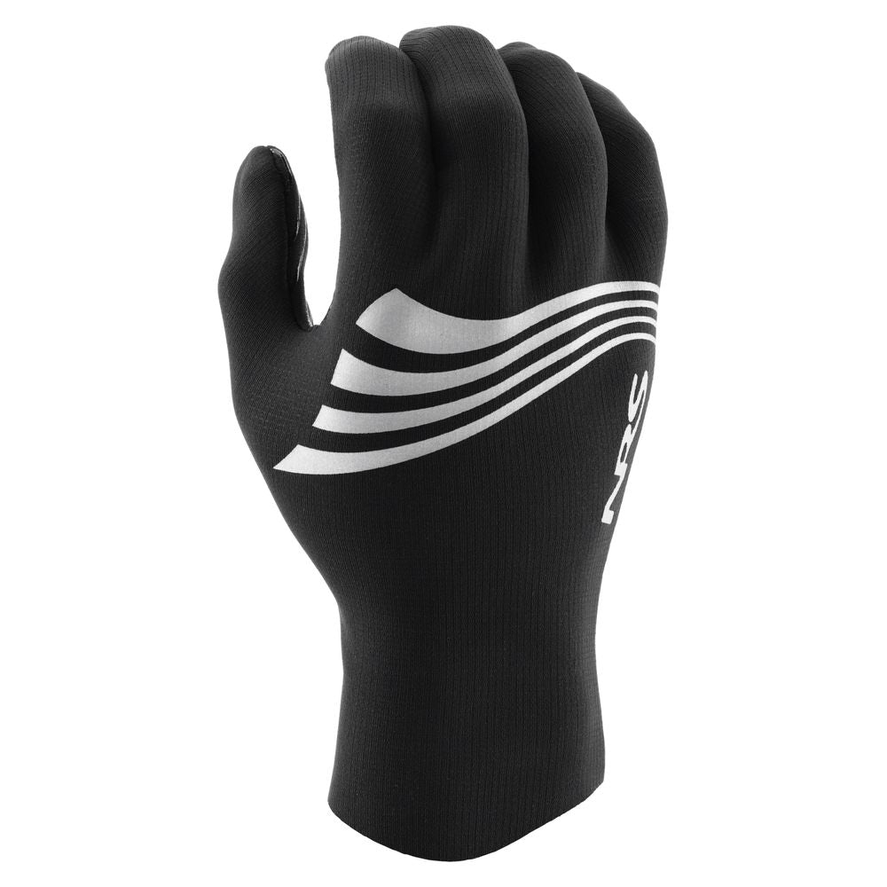 The NRS Hydroskin 0.5mm Gloves - Men's feature black neoprene, white curved stripes, and "NRS" on the back—an ideal pick for those needing reliable cold-water gloves.