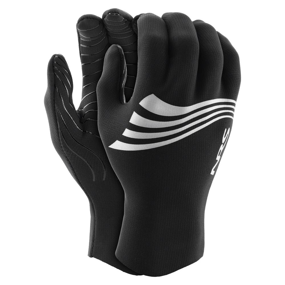 A pair of NRS Hydroskin 0.5mm Gloves - Men's in black with white curved stripes and textured palms and fingers—ideal neoprene gloves for cold-water adventures.