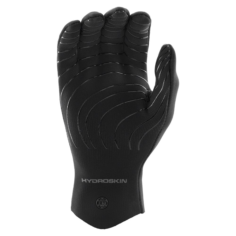 The NRS Hydroskin 0.5mm Gloves - Men's are black neoprene cold-water gloves with textured grip lines and “HYDROSKIN” on the wrist for reliable performance.