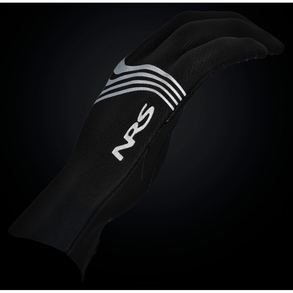 The NRS Hydroskin 0.5mm Gloves - Men's feature black neoprene with silver curved lines and the NRS logo, making them ideal for cold-water adventures. Photographed against a dark background for a sleek look.
