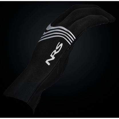 The NRS Hydroskin 0.5mm Gloves - Men's feature black neoprene with silver curved lines and the NRS logo, making them ideal for cold-water adventures. Photographed against a dark background for a sleek look.