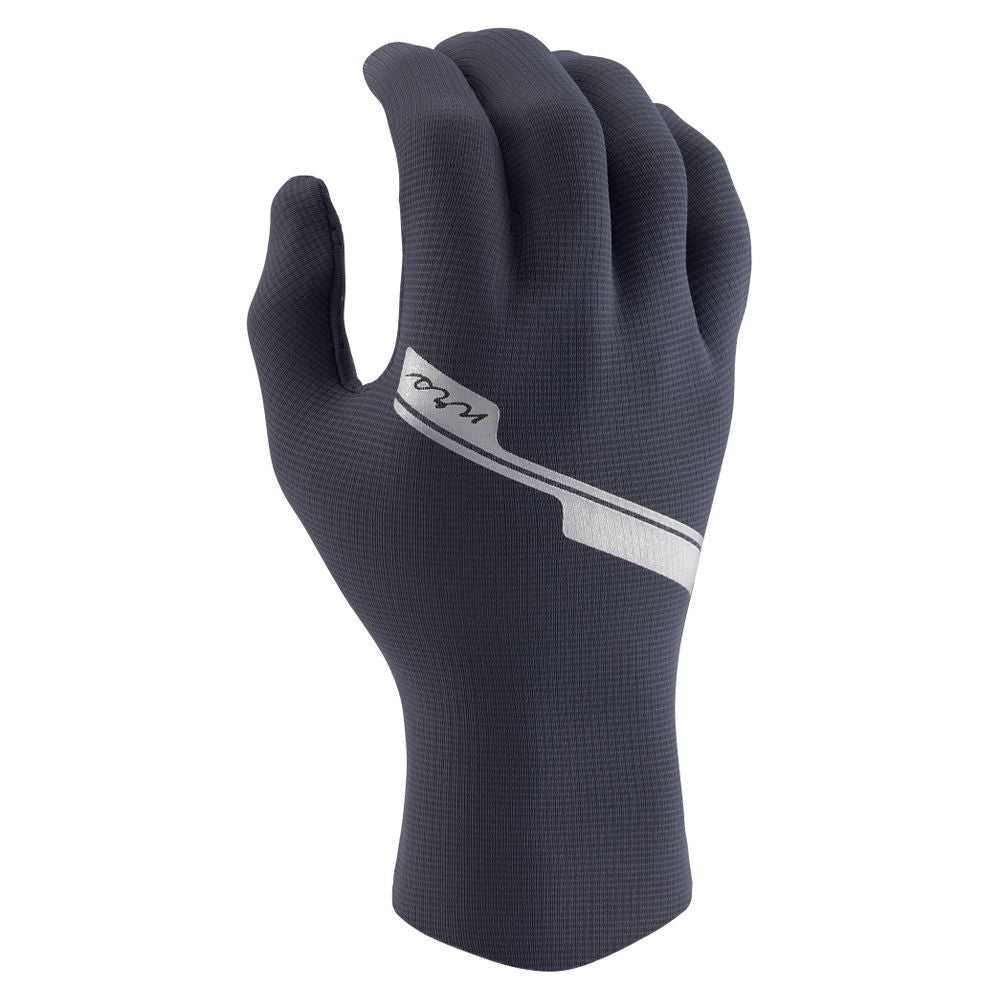 Introducing the NRS Hydroskin 0.5mm Gloves for Women, featuring a sleek design with a silver stripe and logo on the back. Crafted with a neoprene core layer, these gloves are perfect for cold water paddling, offering both comfort and style.
