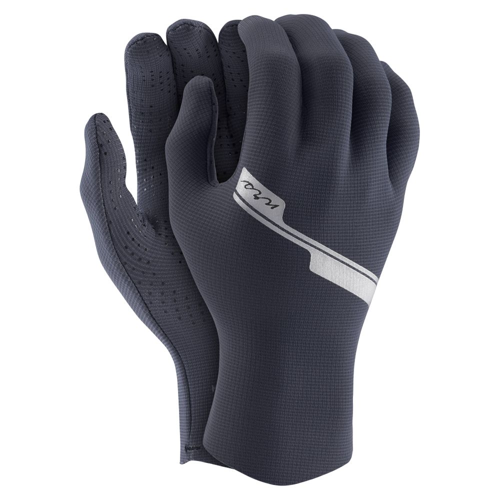 Introducing NRS Hydroskin 0.5mm Gloves - Women's, designed in dark gray with neoprene core for superior comfort when paddling in cold water. These gloves have textured palms for grip and a reflective stripe on each hand for visibility in challenging conditions.