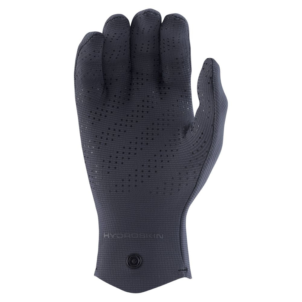 The black Hydroskin 0.5mm Gloves by NRS, designed for cold water paddling, feature a neoprene core for warmth and flexibility. They showcase a textured palm-up design with the "Hydroskin" brand name and a button near the wrist area.