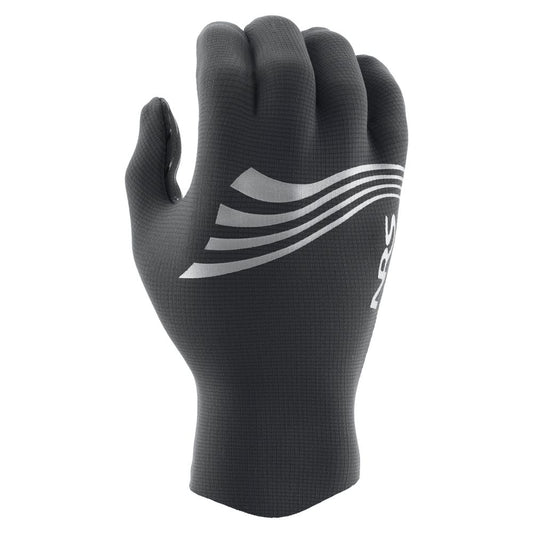 The NRS Hydroskin 0.5mm Gloves - Women's are black neoprene paddling gloves with a textured finish, featuring a white wave design and "NRS" logo on the back of the hand.