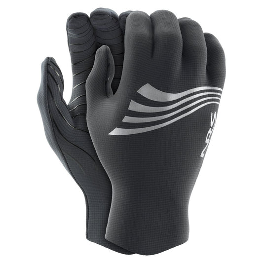 The NRS Hydroskin 0.5mm Gloves - Women's feature textured palms and white wave-like designs, offering comfort and grip—ideal neoprene paddling gloves for women.