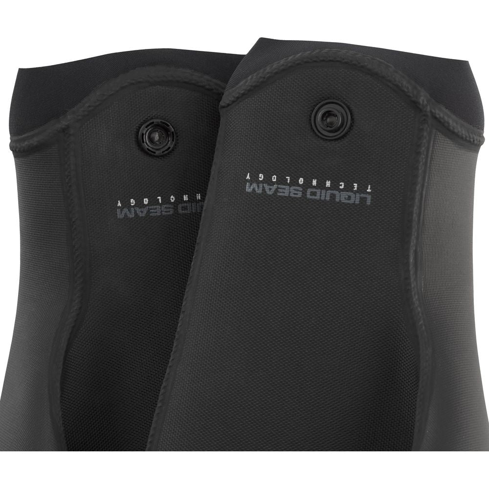 Close-up of NRS Maverick 2mm Gloves in black neoprene with visible seams and "Liquid Seam Technology" text in gray, featuring a sleek design.