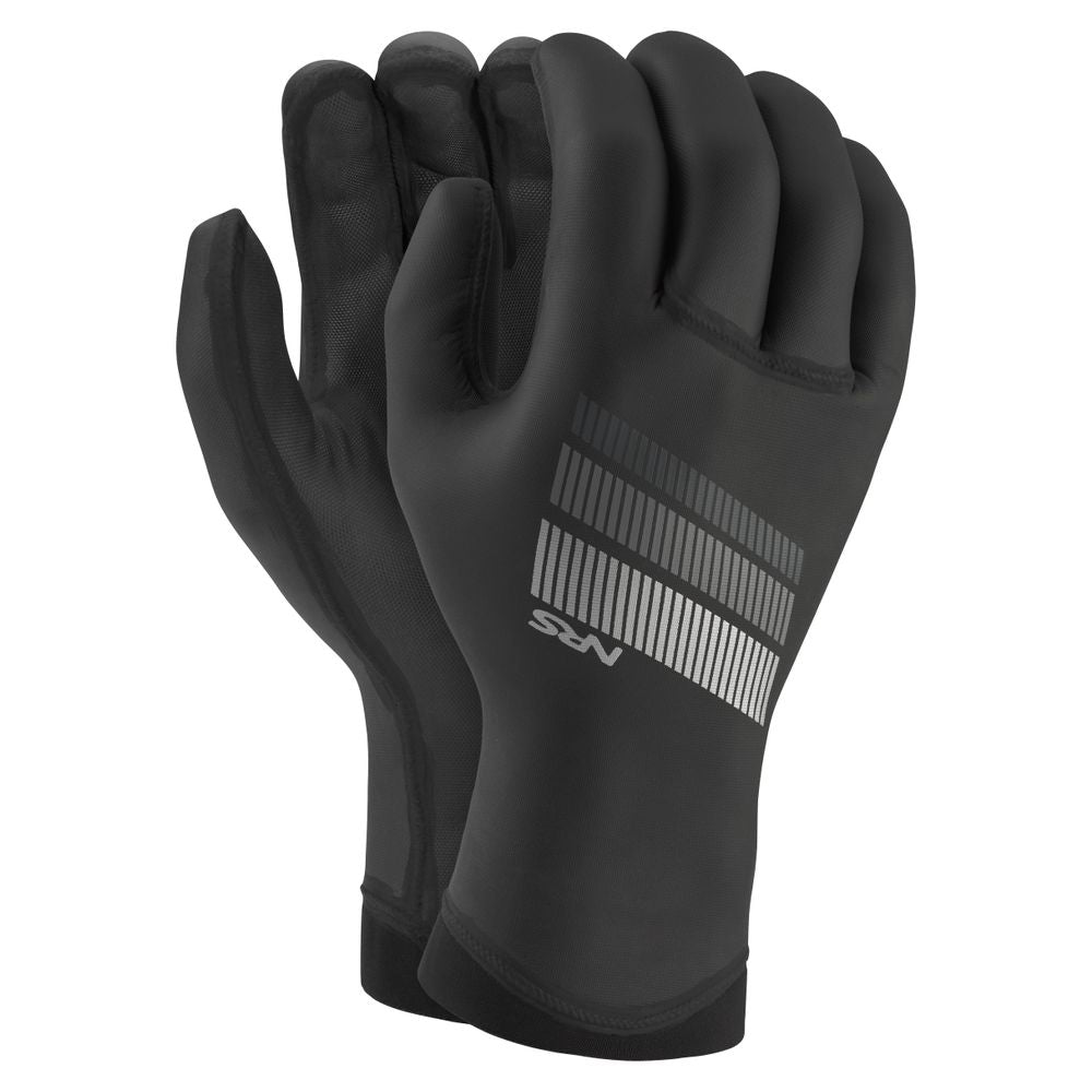 Introducing the NRS Maverick 2mm Gloves with a sleek black neoprene exterior, reflective stripes, and HydroCuff technology for a snug waterproof fit—perfect for any outdoor adventure.
