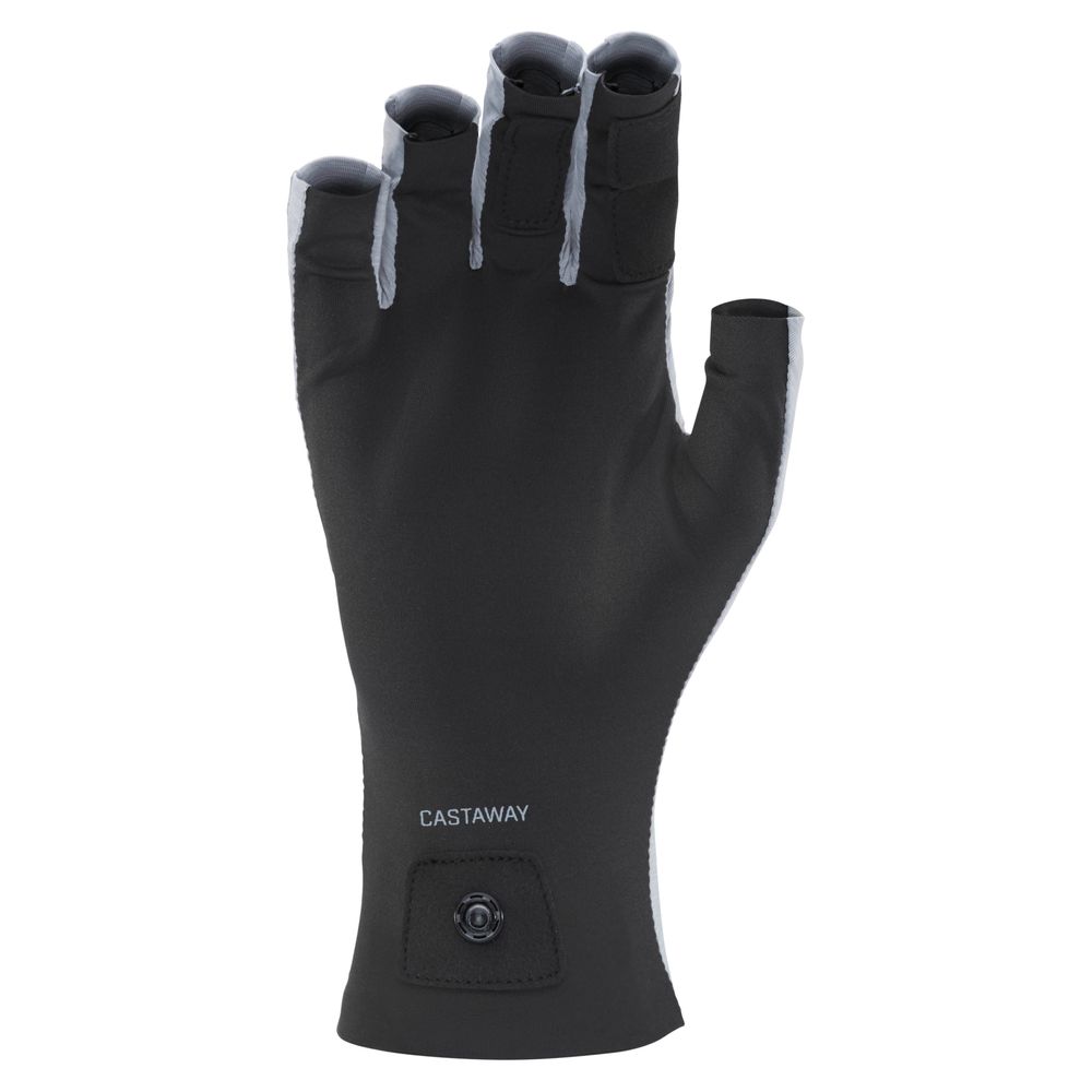 The NRS Castaway Glove is a black, open-finger fishing glove with exposed thumb and fingertips; "CASTAWAY" is printed on the wrist.