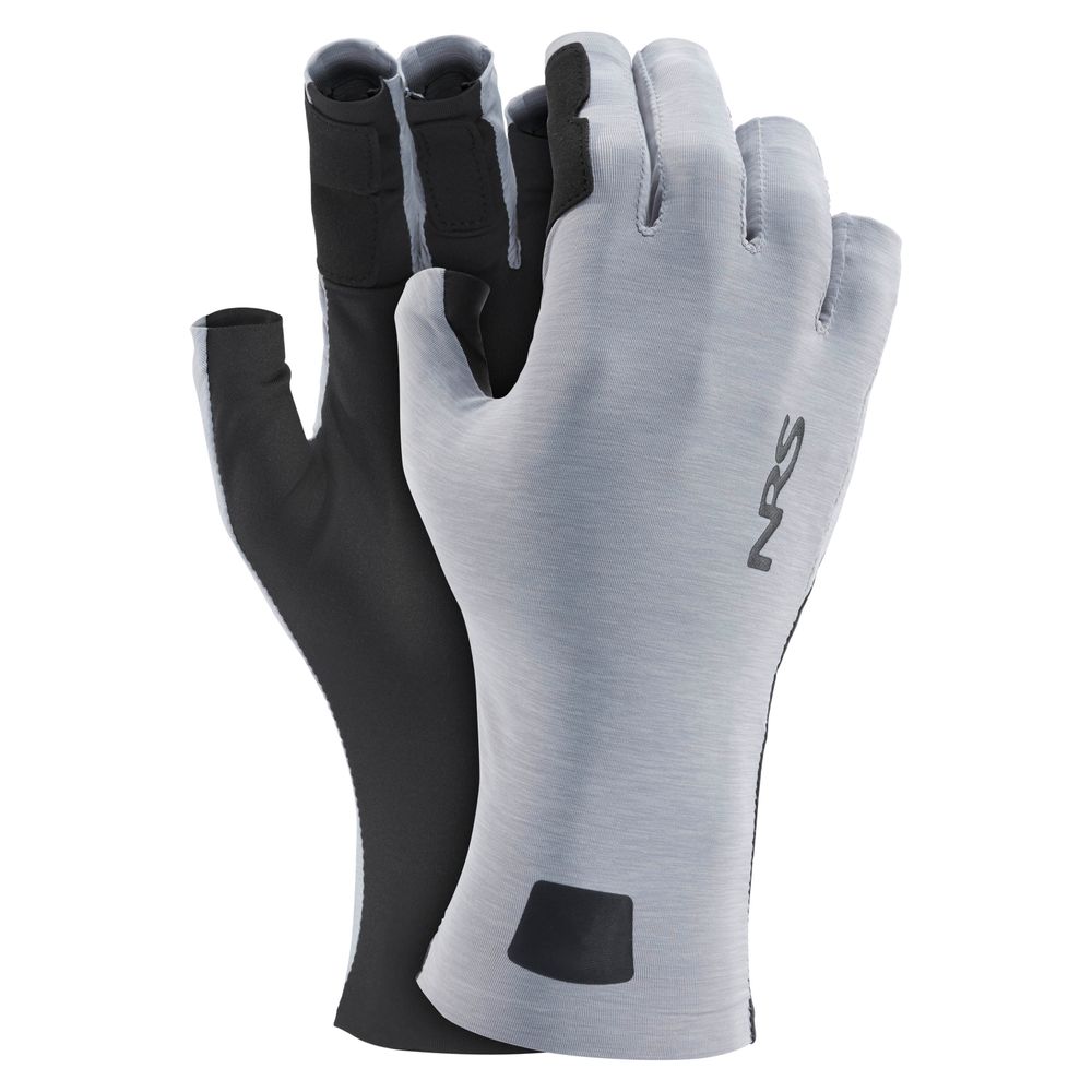 The NRS Castaway Glove features a gray and black design with open fingers—thumb, index, and middle—for comfort and dexterity while fishing.