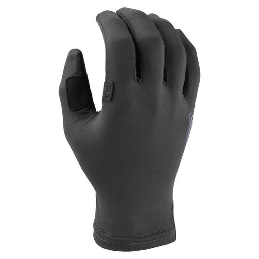 The NRS Cove Gloves feature a black design with reinforced fingertips and a textured synthetic leather palm for improved grip, with fingers slightly curled. Made from moisture-wicking material, they keep your hands dry during use.