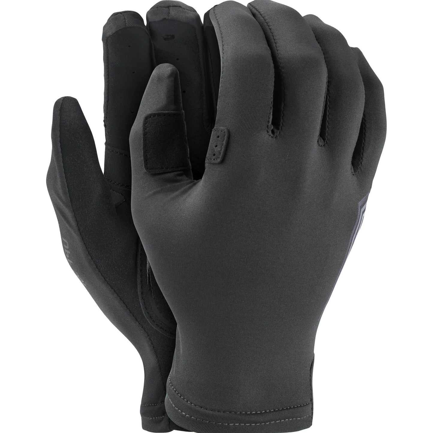 A pair of black NRS Cove gloves on a white background.