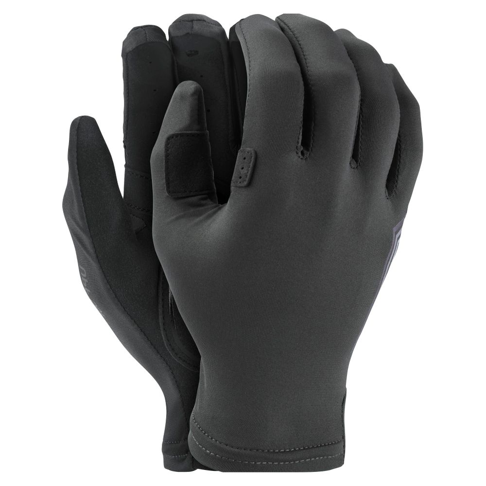 The Cove Gloves from NRS, in black, boast reinforced fingertips and a synthetic leather palm for durability, with the brand logo on the right glove adding a touch of style.