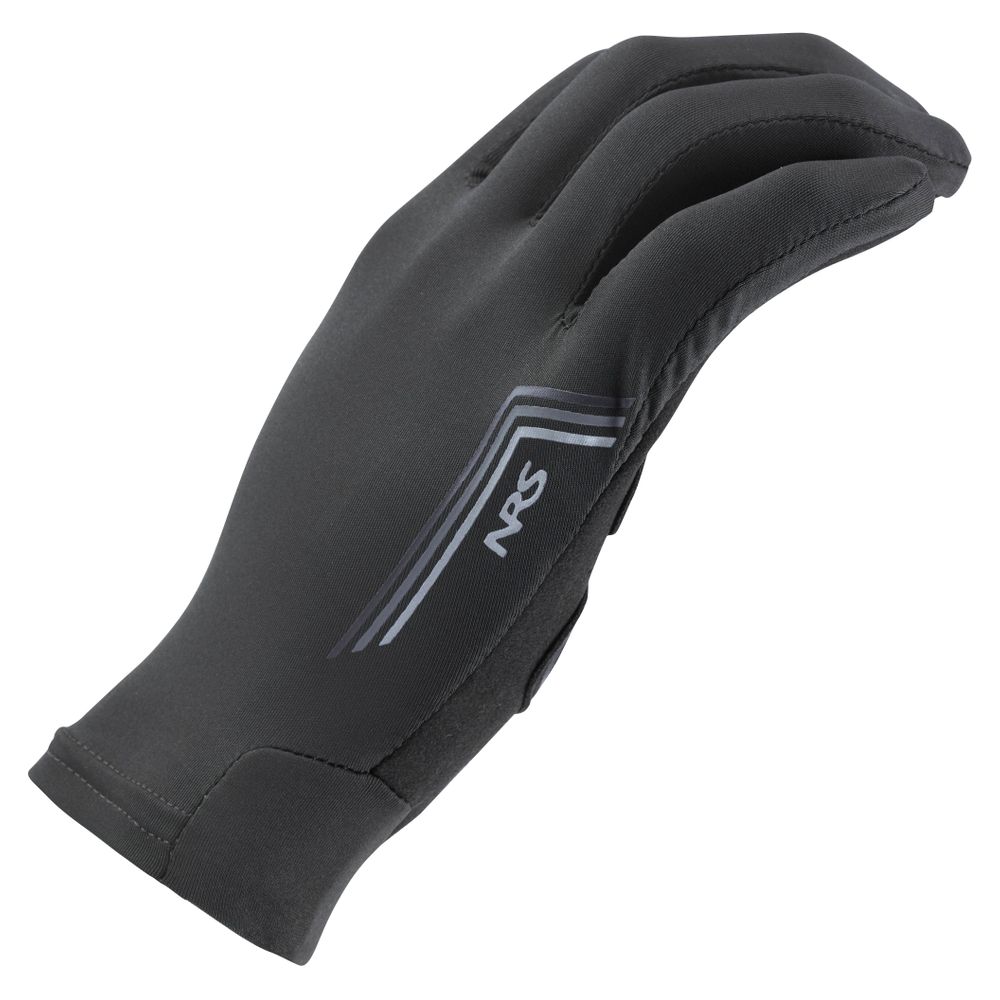 The NRS Cove Gloves, shown from a side angle, feature a striped design on the back and a synthetic leather palm for enhanced grip and durability.