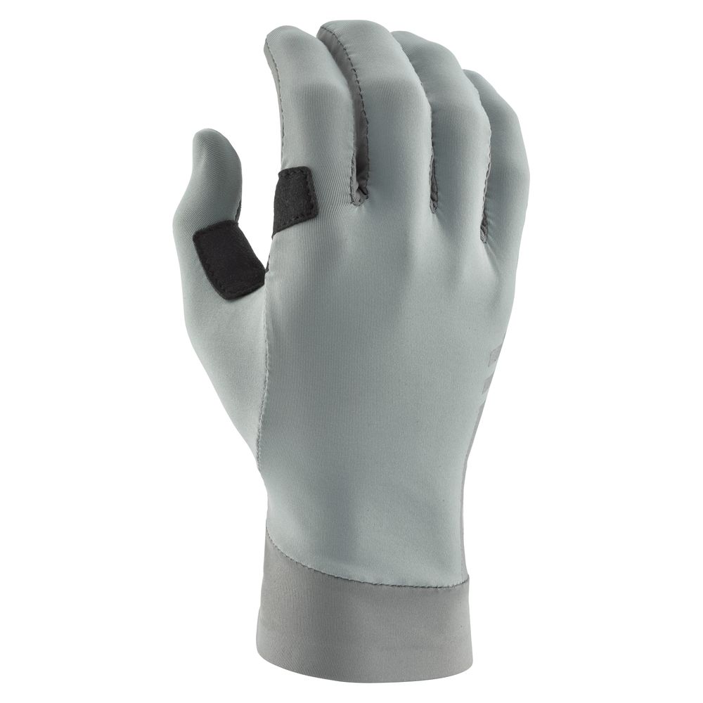 The NRS Cove Gloves in gray feature a black reinforced patch on the thumb and index finger, displayed on a raised left hand against a white background.