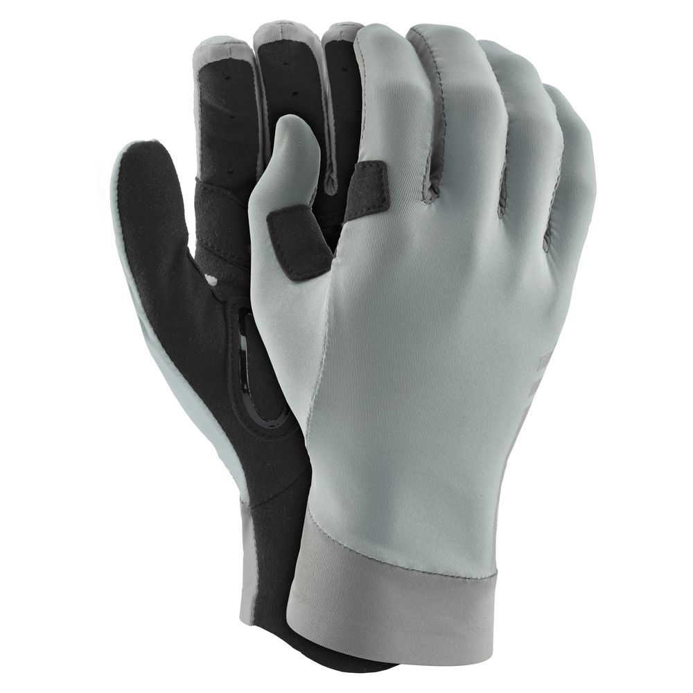 A pair of NRS Cove Gloves in grey and black, featuring full fingers and reinforced palms and fingertips, displayed on a white background.