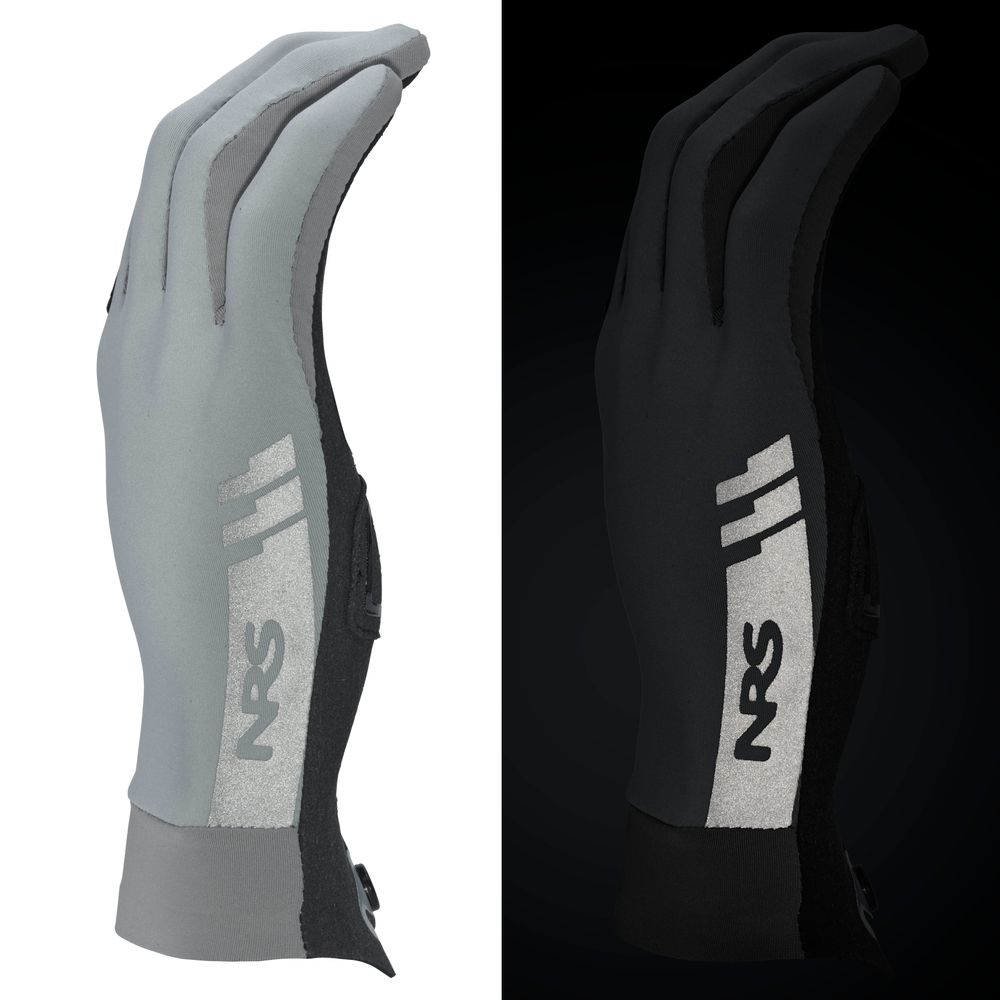 Side view of NRS Cove Gloves shows their reflective detailing—visible in normal light on the left, and glowing when illuminated in the dark on the right.