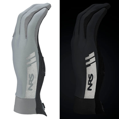 Side view of NRS Cove Gloves shows their reflective detailing—visible in normal light on the left, and glowing when illuminated in the dark on the right.