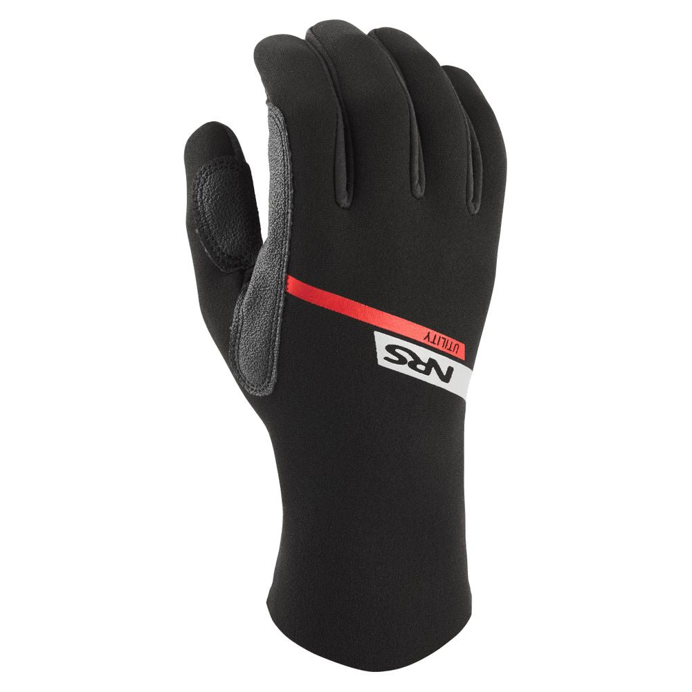 The NRS Utility 2mm Gloves are black neoprene paddling gloves featuring a red stripe and "NRS" on the back, shown palm slightly inward—perfect for water rescue or versatile use.