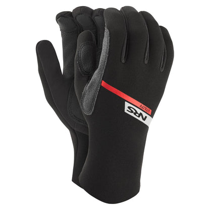 NRS Utility 2mm Gloves feature black design, reinforced gray palms, and a red-and-white logo stripe—perfect water rescue gloves for grip and durability.
