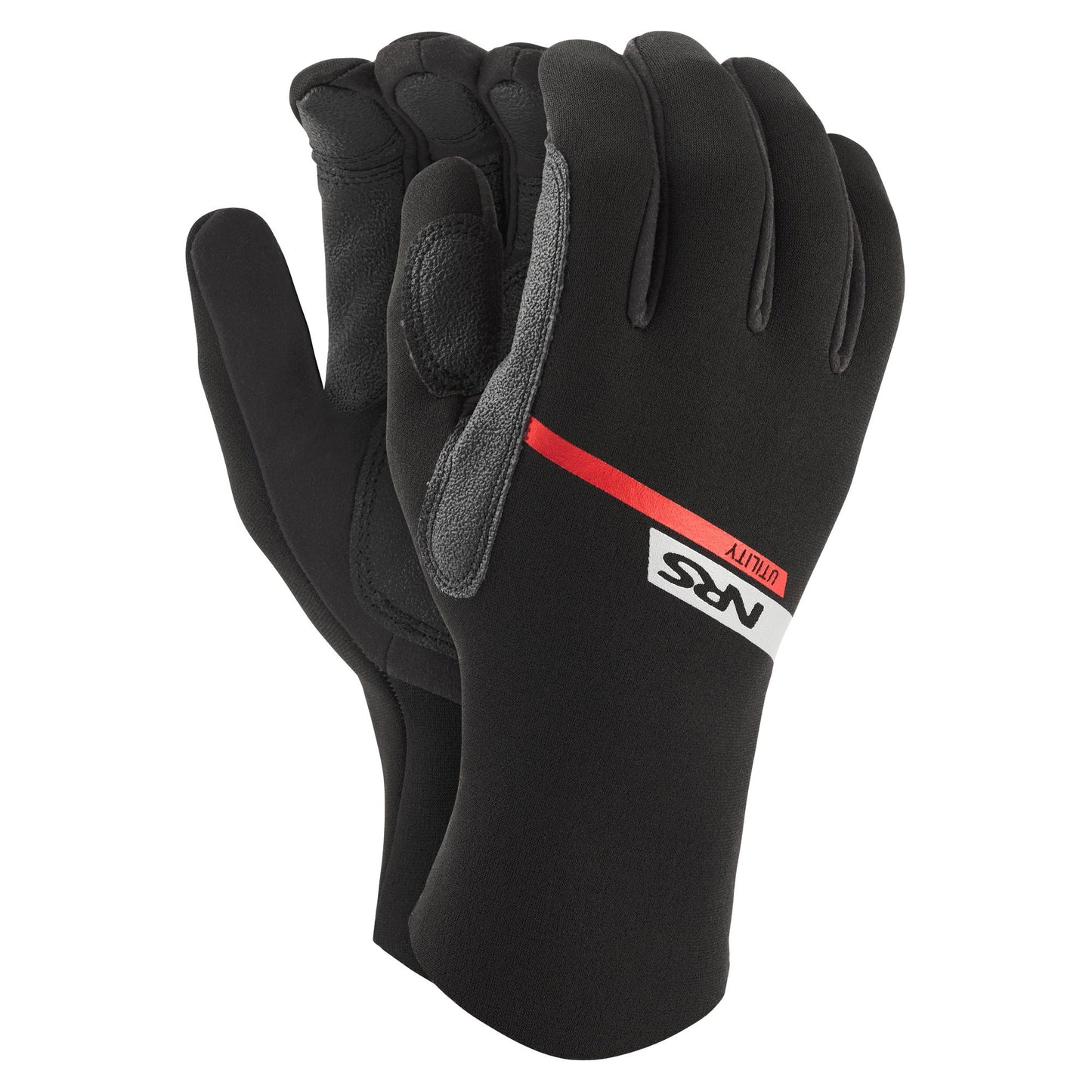 The NRS Utility 2mm Gloves are black neoprene paddling gloves with gray grip patches and a red and white NRS logo on the back.