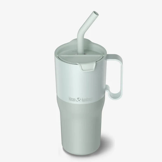 The Klean Kanteen Rise Tumbler 26oz features a light gray insulated body, handle, flip straw lid, reusable straw, and is branded with the Klean Kanteen logo.