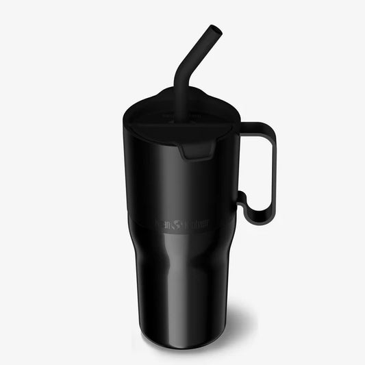 The Klean Kanteen Rise Tumbler 26oz Flip Straw Lid is a black insulated travel mug with a handle, spill-resistant flip straw lid, and angled reusable straw, shown on a plain white background.