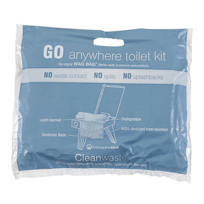 The blue packaging for the CleanWaste Wag Bags - Single by NRS features a WAG BAG with innovative waste treatment powder, preventing waste contact and spills. This biodegradable bag is NASA-developed and landfill approved.