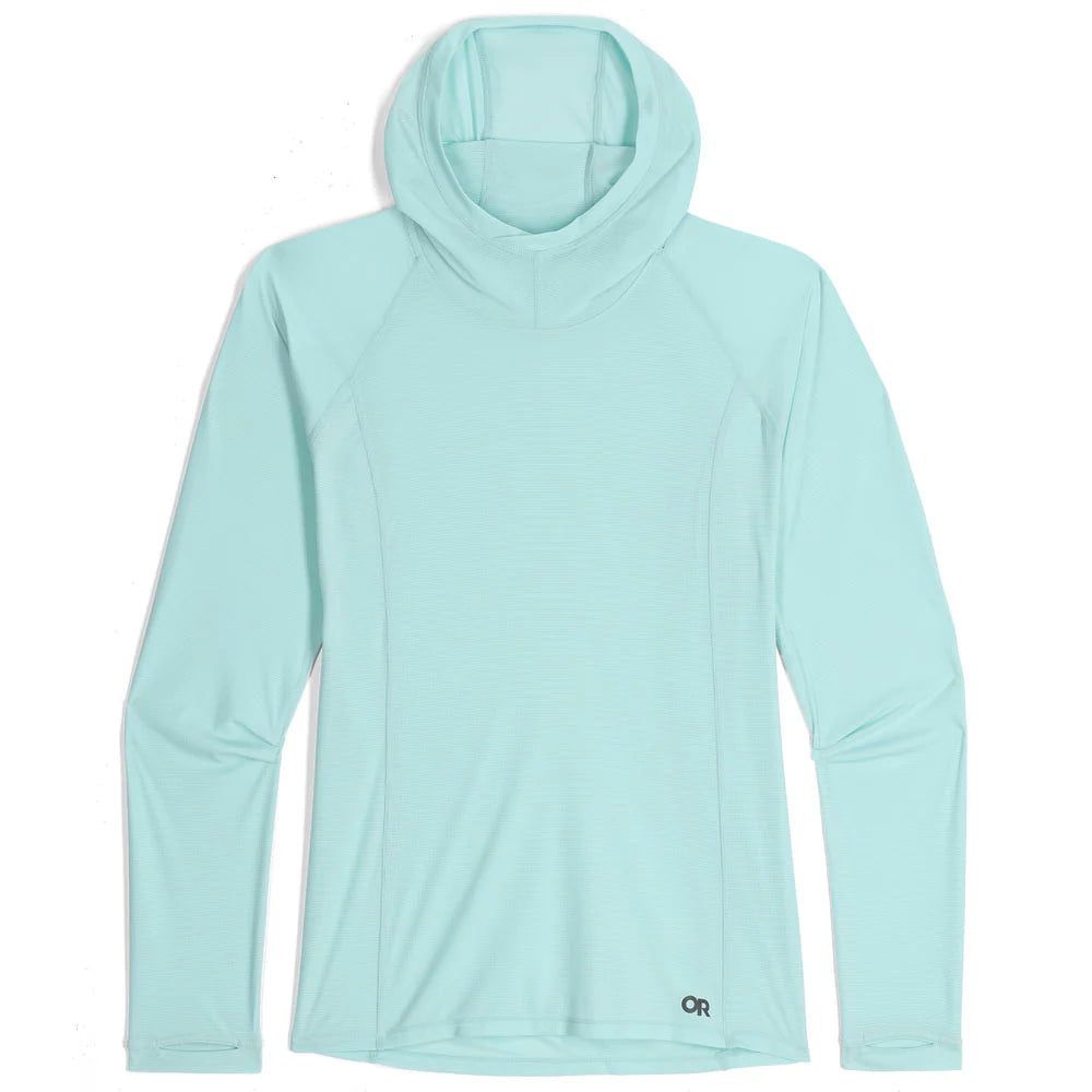 The Outdoor Research Echo Hoodie - Women's is an ultralight, long-sleeve base layer in light blue with a small "OR" logo near the hem. Laid flat on a white background, it offers UPF 15 sun protection for outdoor adventures.