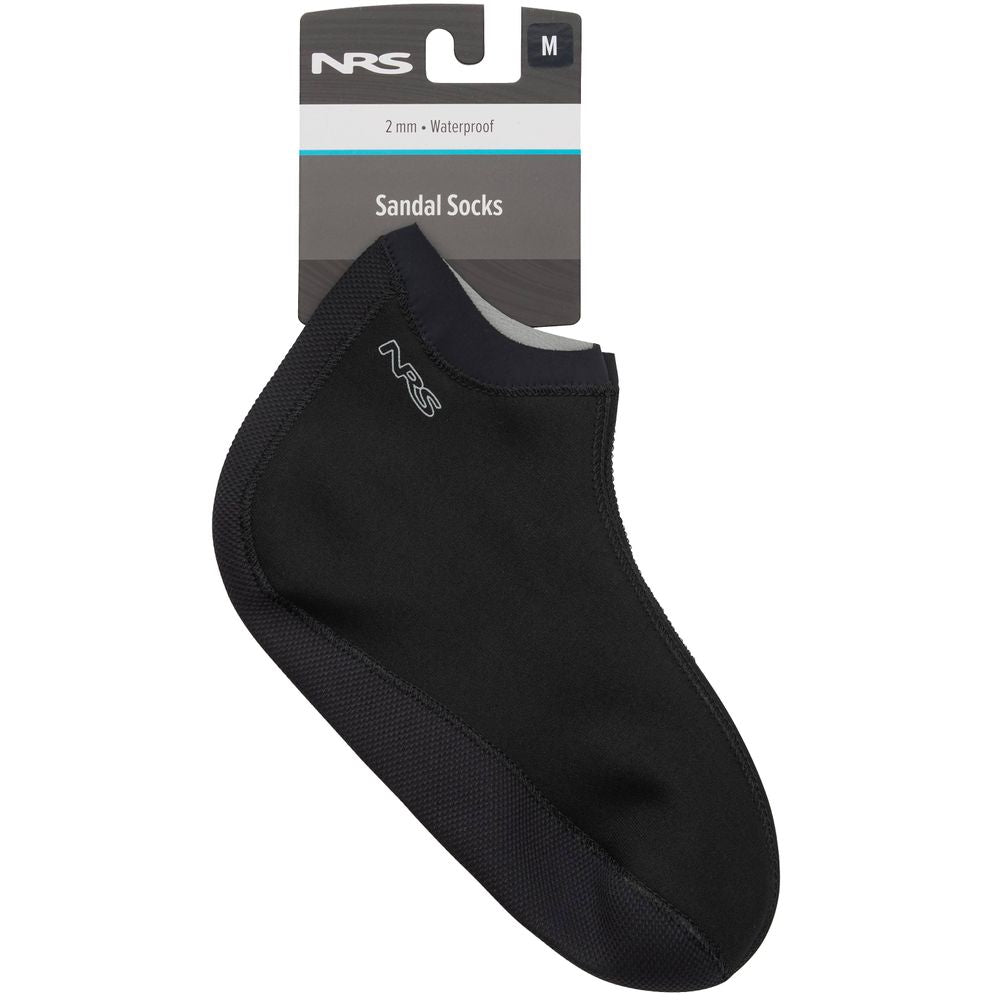 Black neoprene Sandal Wet Sock with textured sole and HydroCuff™ technology, labeled "NRS Sandal Socks, 2 mm Waterproof, M," and attached to packaging.