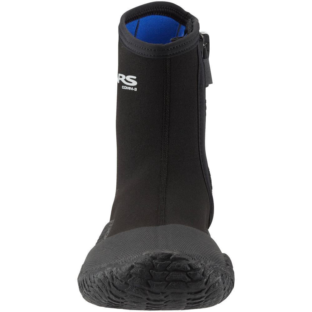 The NRS Comm-3 Youth WetShoe is a black neoprene boot with a handy front zipper and high-traction rubber sole, ideal for young adventurers.