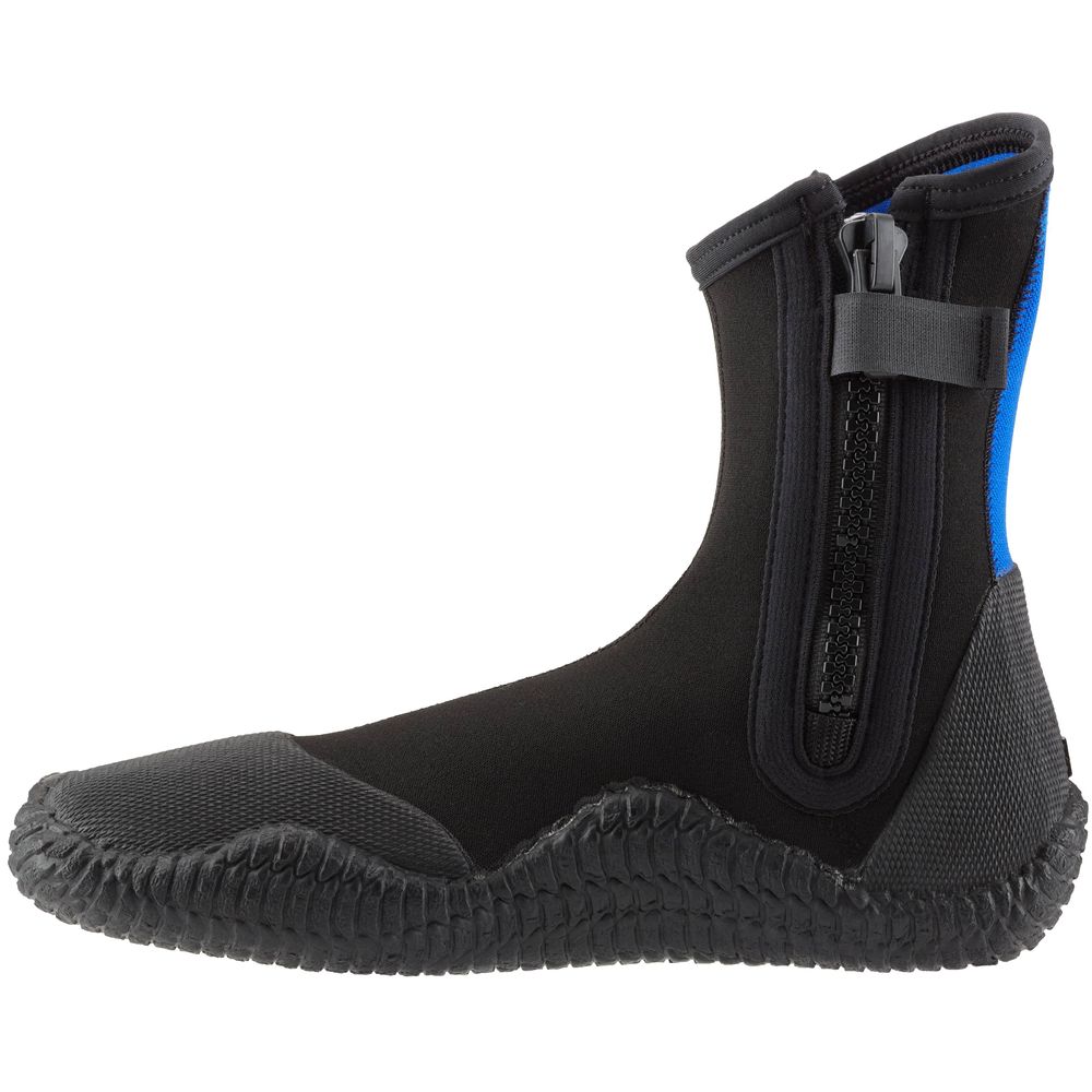 Side view of the NRS Comm-3 Youth WetShoe in black and blue neoprene, featuring a high-traction rubber sole and side zipper, perfect for active youth.