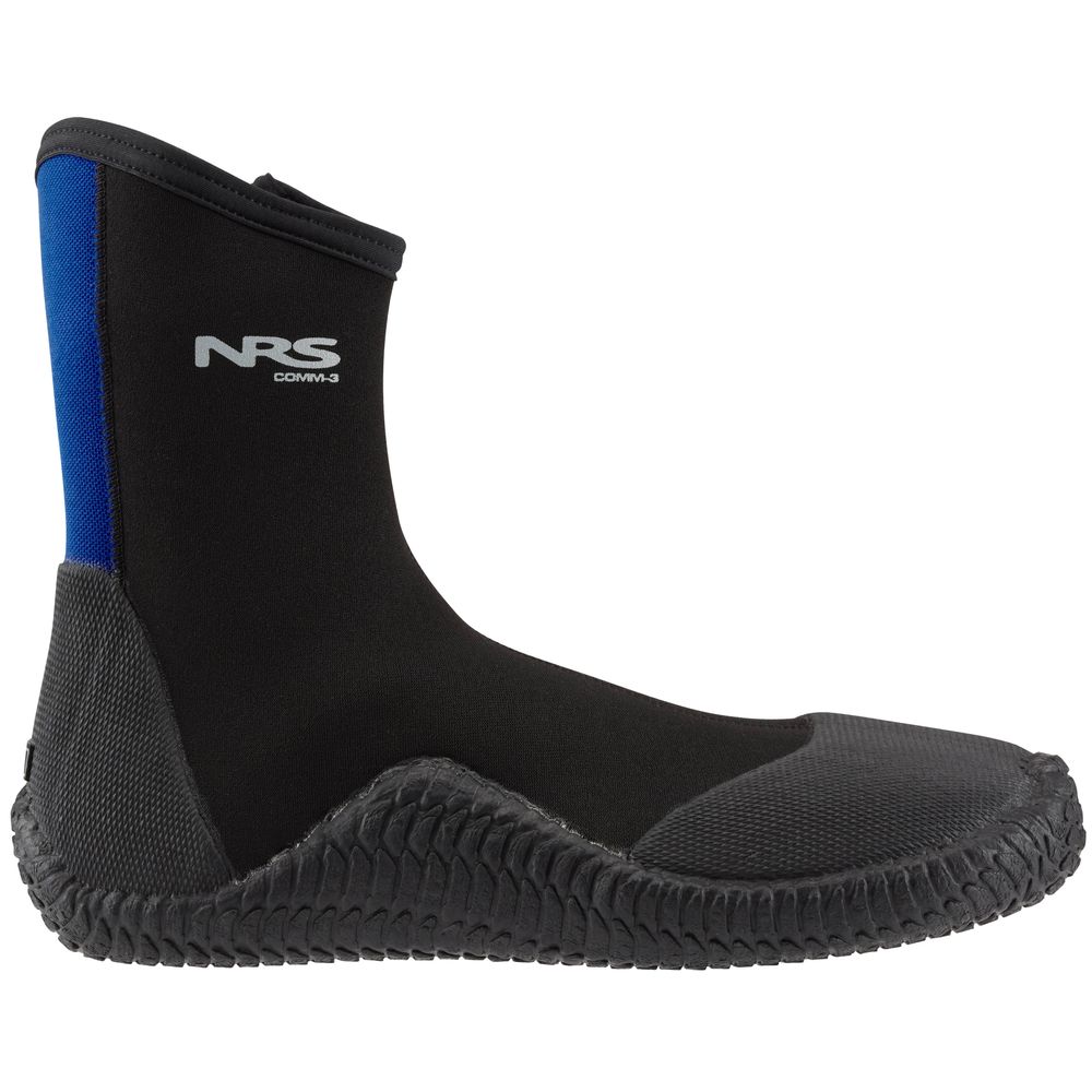 Black and blue Youth WetShoe by NRS with a high-traction rubber sole, labeled "Comm-3.