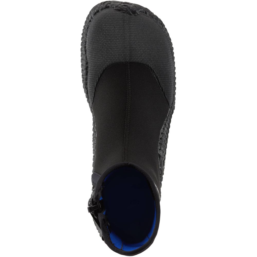 The top-view image displays the NRS Comm-3 Youth WetShoe, featuring a black neoprene design with a high-traction rubber sole for water sports.