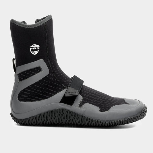 The NRS Paddle WetShoe, in black and gray neoprene, boasts a high-traction textured sole, an ankle Velcro strap for security, and a side logo.