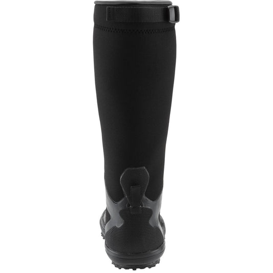 Back view of the NRS Boundary Boot, showcasing a high shaft, rugged sole, and adjustable strap near the top in sleek black waterproof design.
