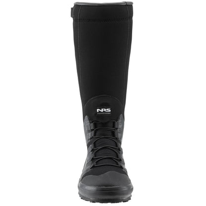The Boundary Boot by NRS is a black knee-high design featuring a durable, rugged textured sole and lace-up closure. Its waterproof construction ensures durability and style in any weather, with the "NRS" logo prominently displayed on the front.