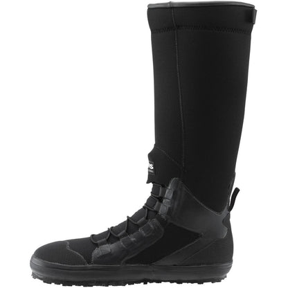The NRS Boundary Boot is a tall, black neoprene boot with a rugged sole and reinforced areas. It's waterproof, making it ideal for outdoor or water activities.