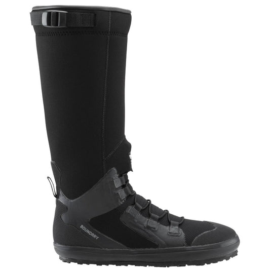 The NRS Boundary Boot is a tall, black waterproof boot with a neoprene upper, rubber sole, and reinforced toe and heel. Its rugged sole ensures durability on rough terrains, and a Velcro strap at the top allows for easy adjustment.