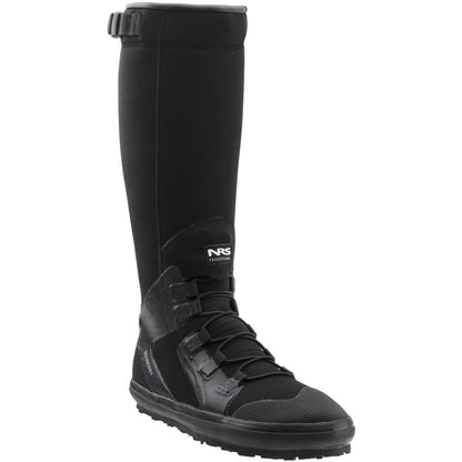 The NRS Boundary Boot is a black waterproof knee-high boot featuring a neoprene upper, laces, strap, rugged sole, and the NRS label on the front.