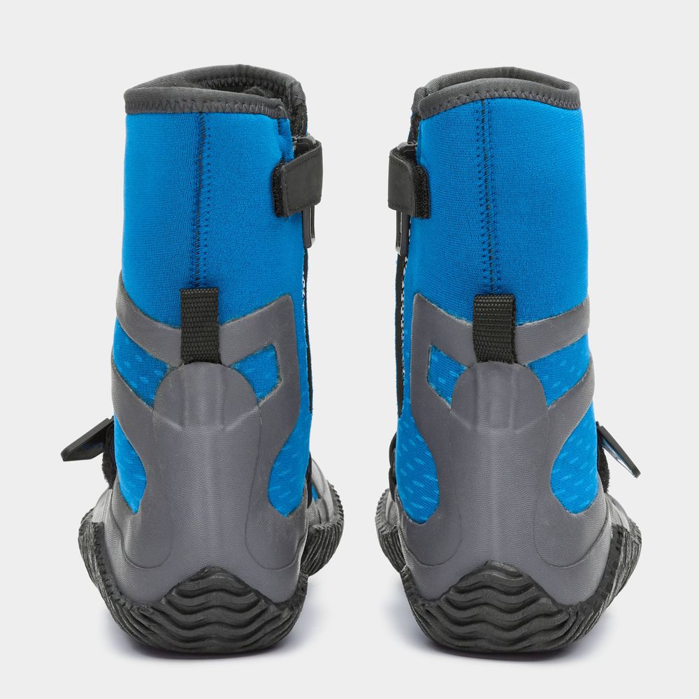 Back view of a pair of Paddle Wetshoe - Women's by NRS, featuring blue and gray neoprene with black soles and heel straps, standing upright against a white background.