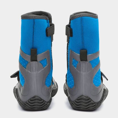 Back view of a pair of Paddle Wetshoe - Women's by NRS, featuring blue and gray neoprene with black soles and heel straps, standing upright against a white background.
