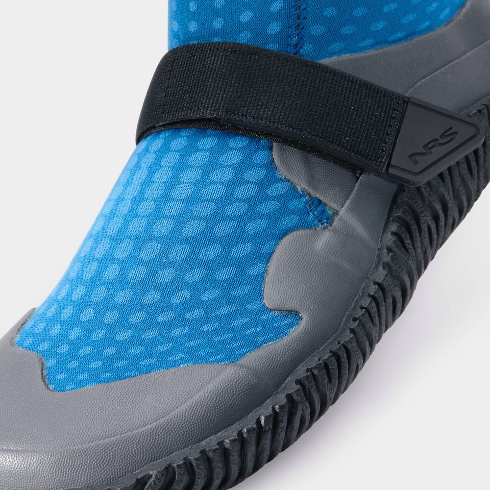 The NRS Paddle Wetshoe for women showcases a blue and gray neoprene design with a textured sole and a sleek black Velcro strap across the top.
