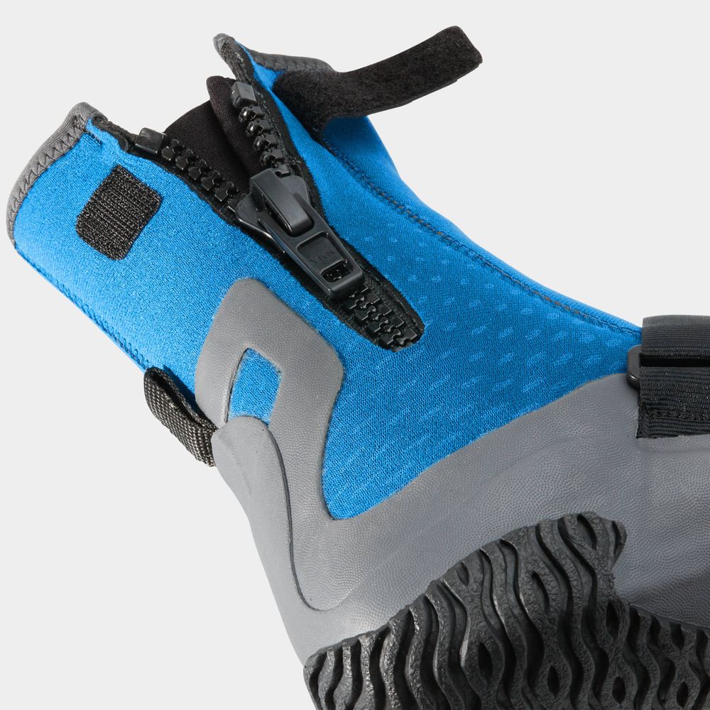 Close-up of the NRS Paddle Wetshoe - Women's in blue and gray neoprene, showcasing a black zipper and textured rubber sole. Designed for ultimate comfort and protection while paddling.
