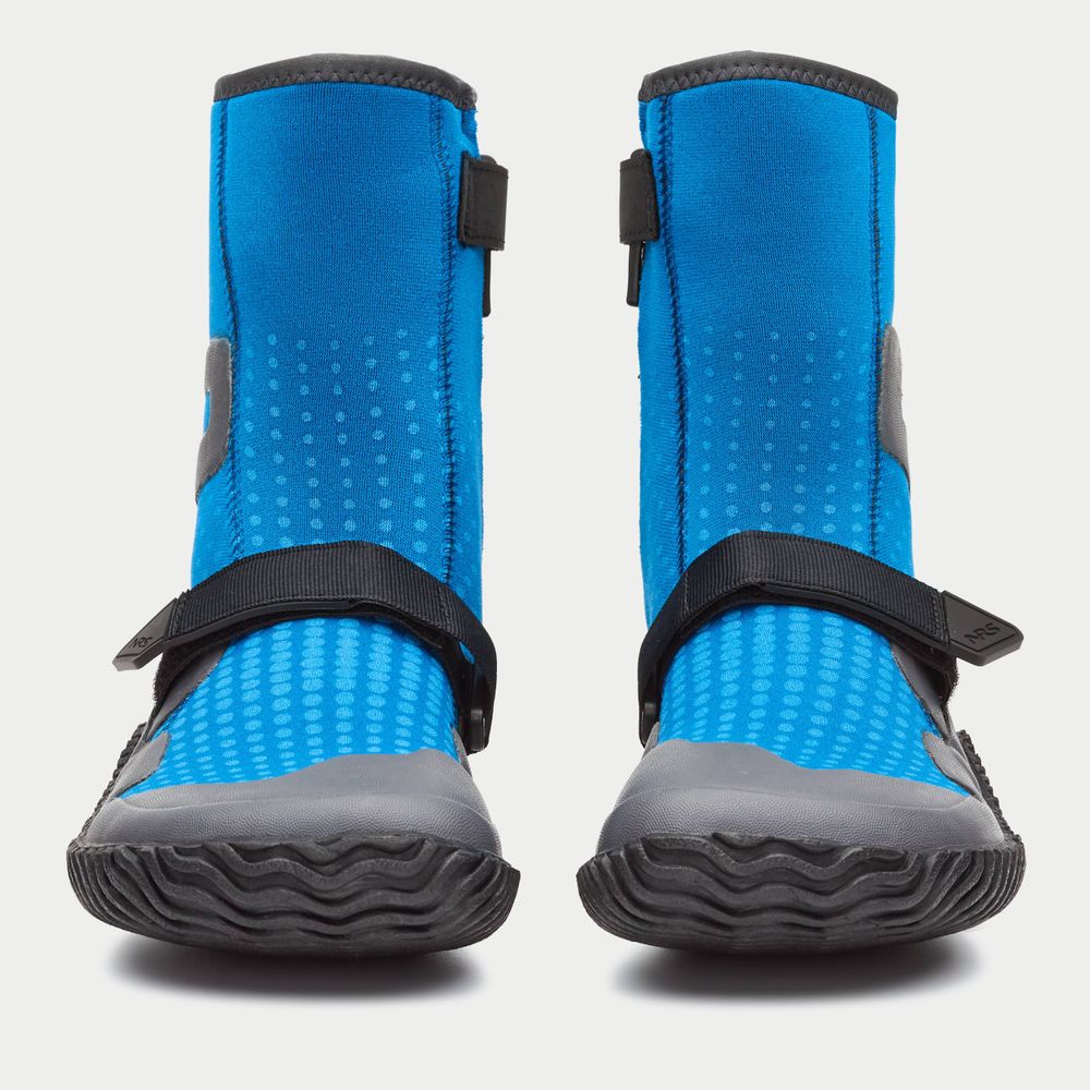 The NRS Paddle Wetshoe - Women's features a blue design with black straps and rugged gray soles, crafted for aquatic activities. Offering comfort and durability, these water shoes are ideal for women's paddling adventures.
