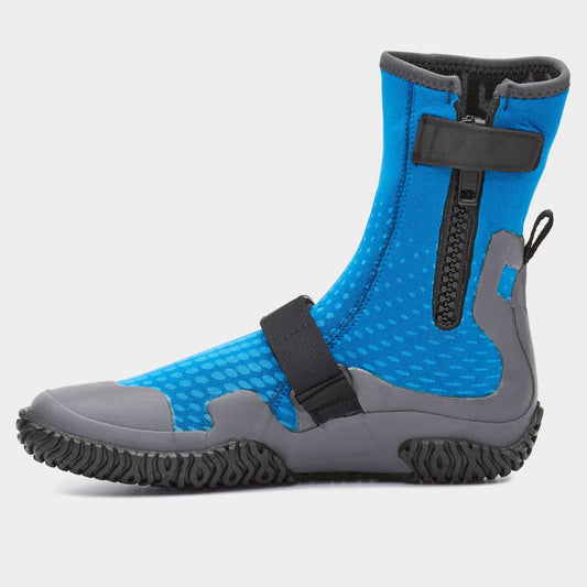 The NRS Paddle Wetshoe - Women's is a blue and gray water shoe with a black zipper and strap, featuring a textured sole and ankle-high design. Crafted from neoprene, it offers comfort and style for every aquatic adventure.