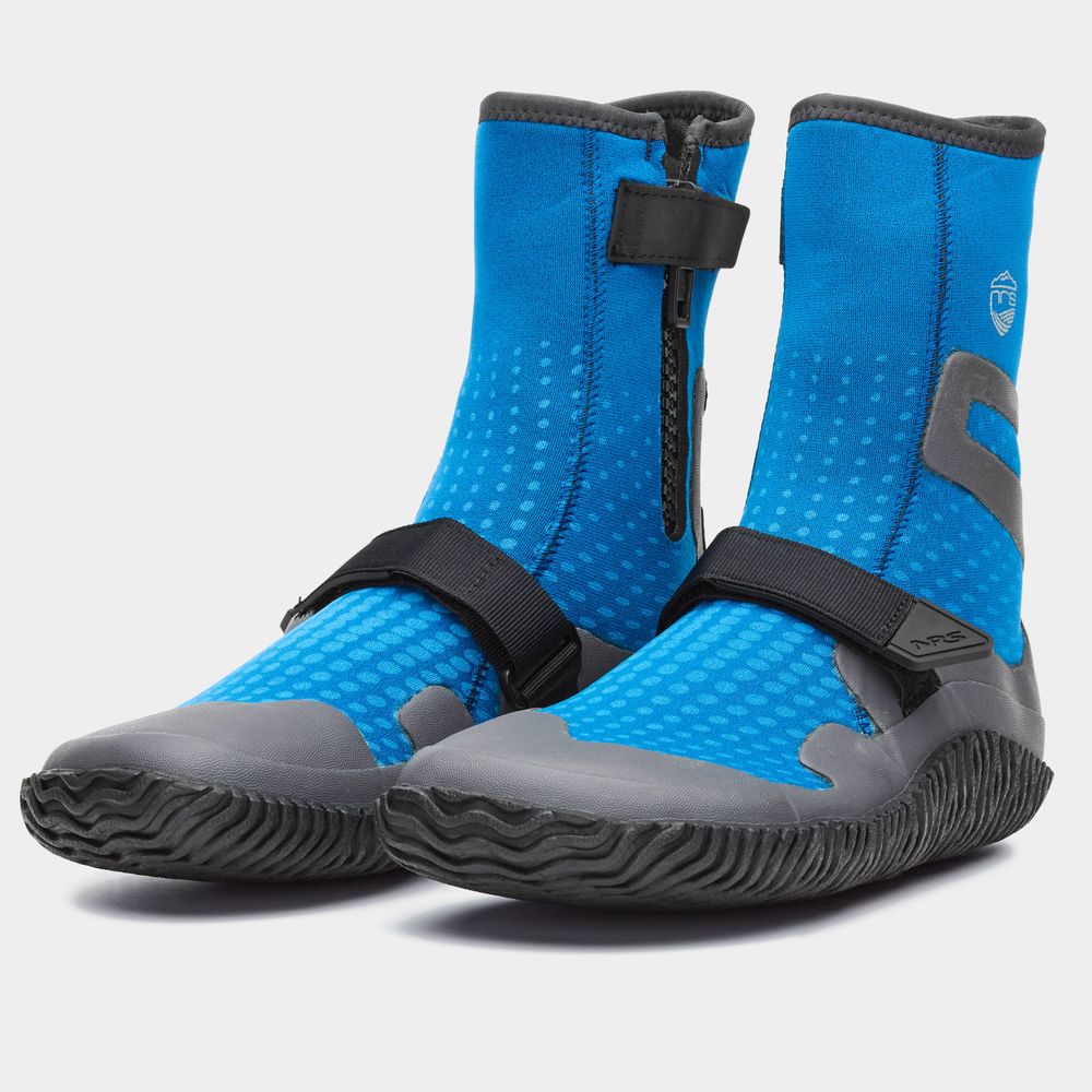 The NRS Paddle Wetshoe for women features a blue neoprene body, black rubber soles, zippers, and adjustable straps.